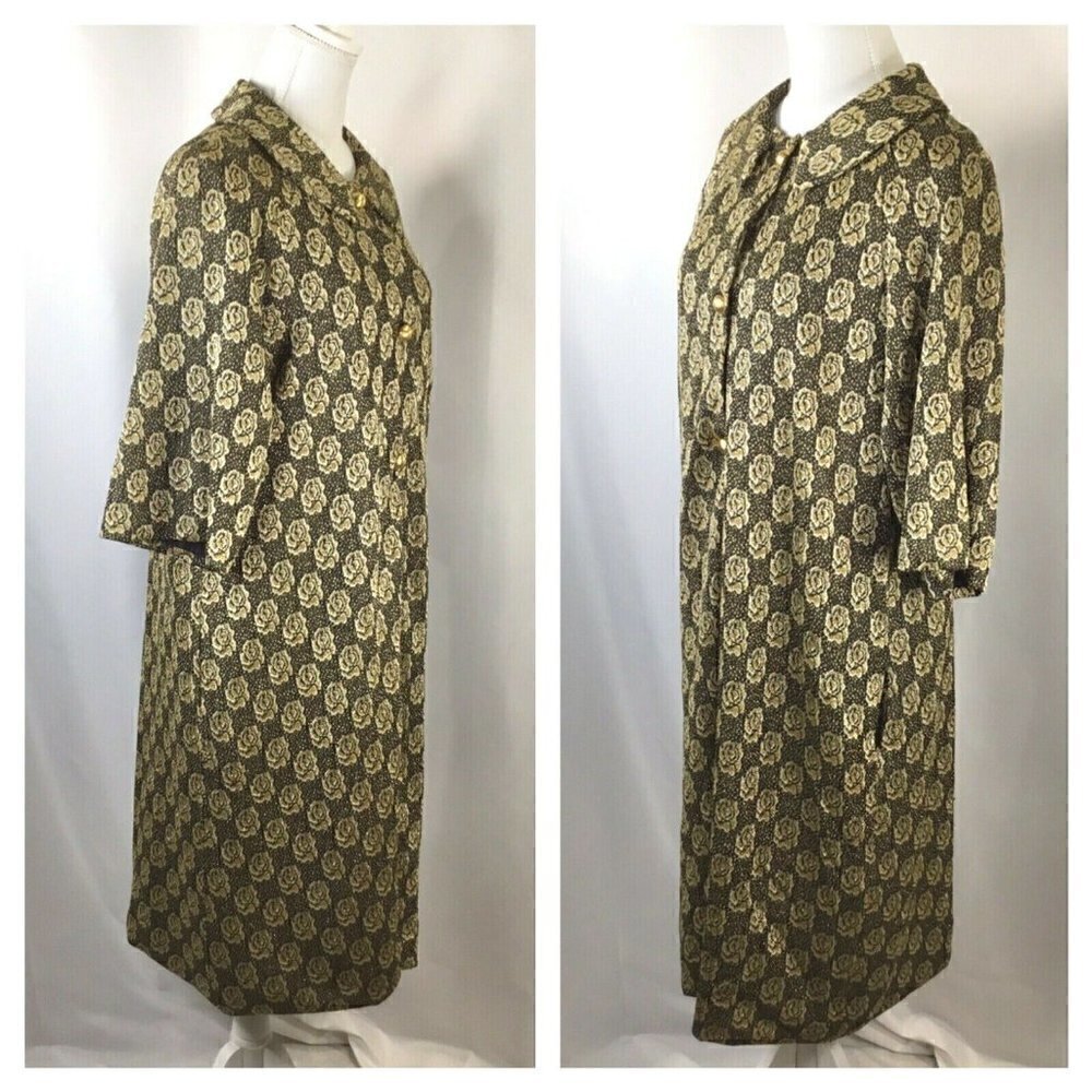 Vtg Dressing Gown Timely Fashions Womens Sz 14 Kimono Robe Gold Black 3/4 Sleeve
